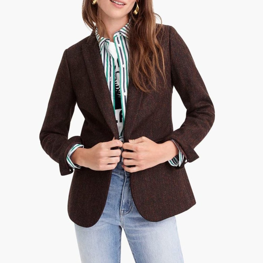 J Crew Parke Herringbone Wool Blazer in Tweed, Black Redwood Multi,10P